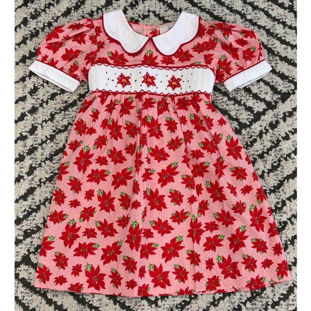 Smockingbird Girls Christmas Poinsettia Smocked Dress 4T